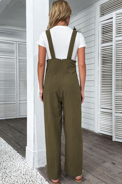 Jungle Green Solid Color Button Straight Leg Overall