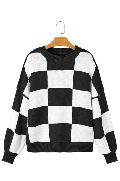 Green Checkered Bishop Sleeve Pullover Sweater