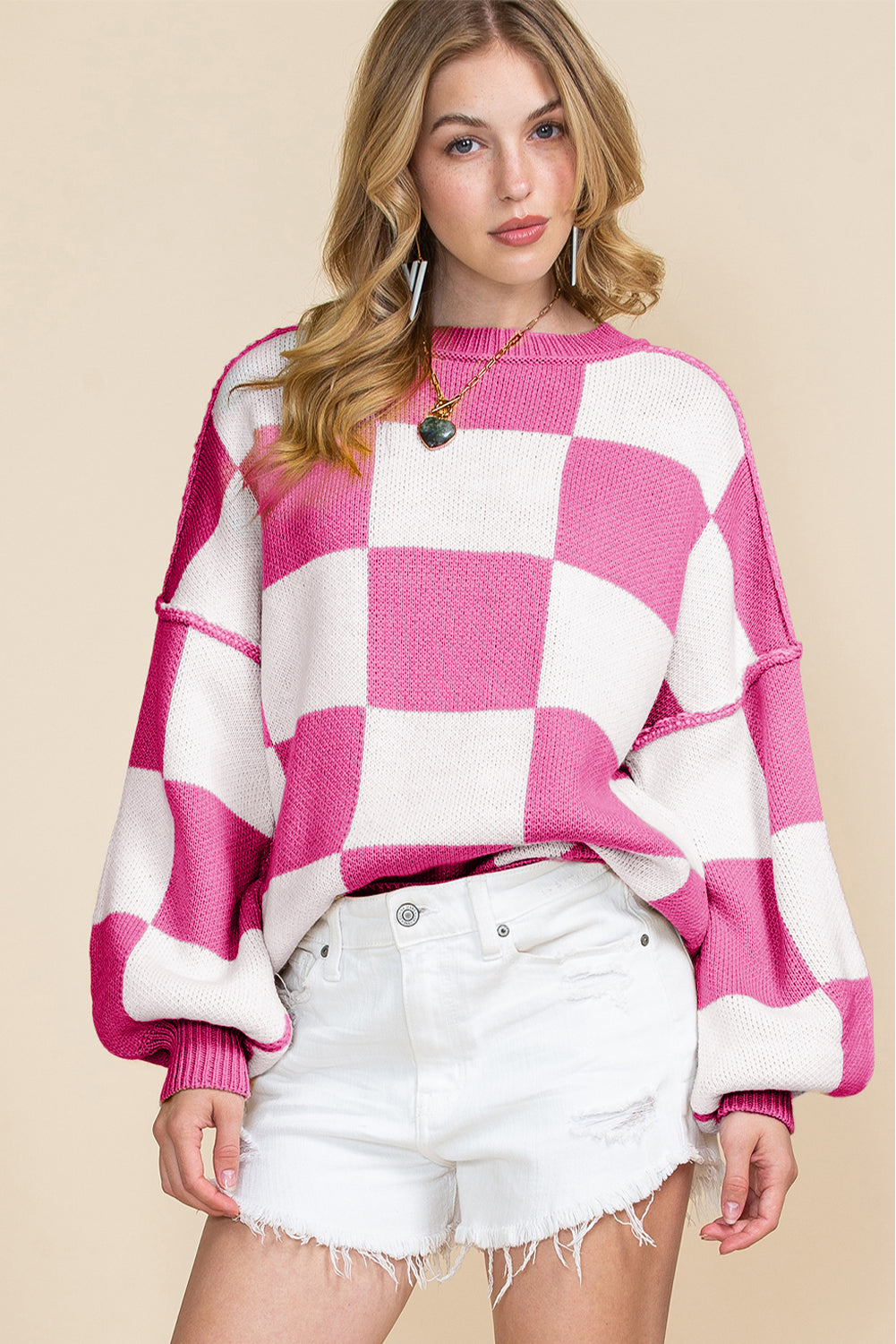 Green Checkered Bishop Sleeve Pullover Sweater