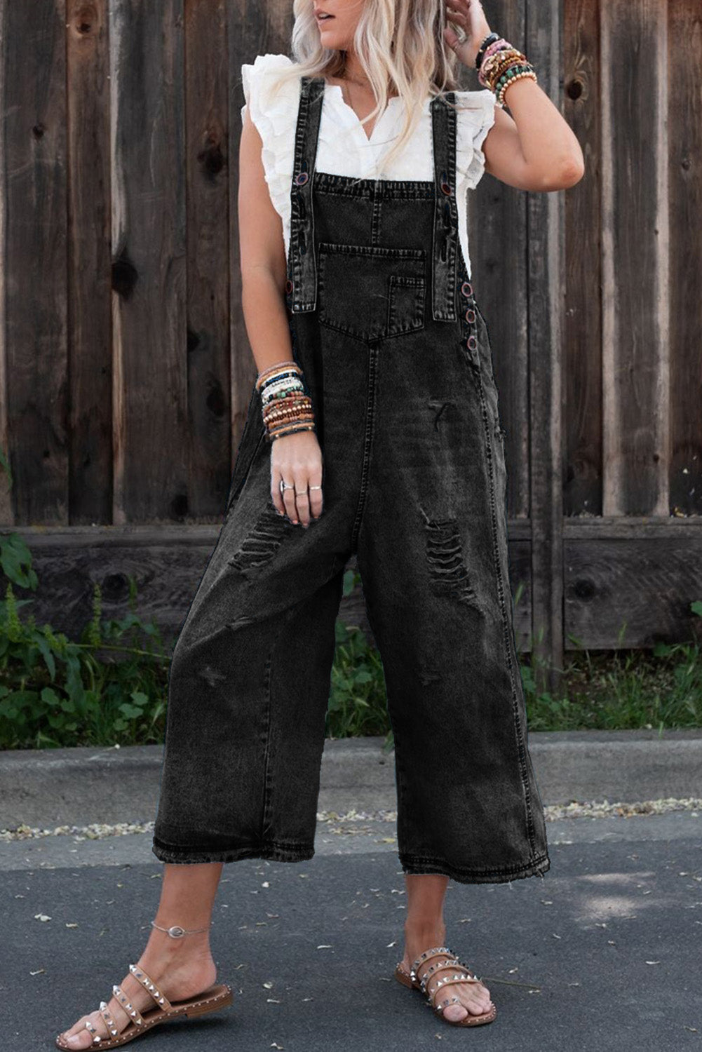 Stone Blue Distressed Bib Pocket Wide Leg Denim Overall