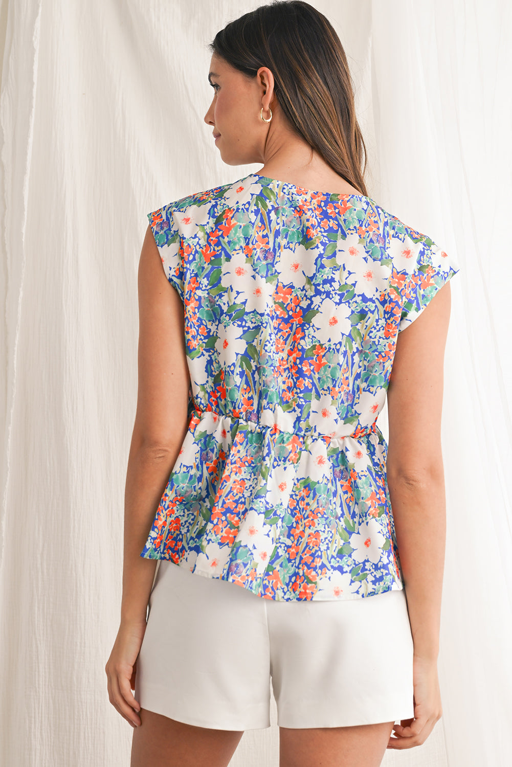 Dark Blue Floral Bow Front Sleeveless Peplum Shirt