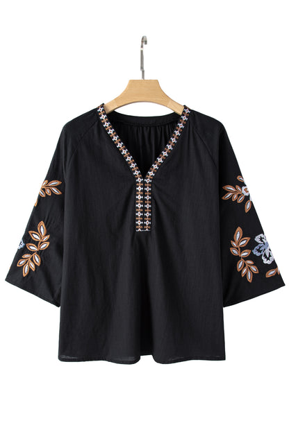 Black Floral Embroidered Sleeve Bohemian V Neck Blouse