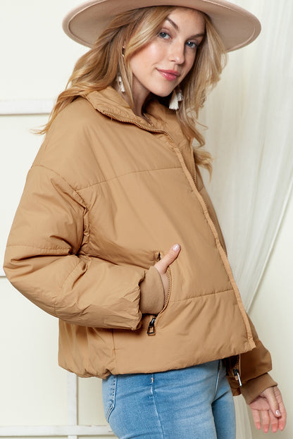 Black Solid Zip Up Pocketed Puffer Coat