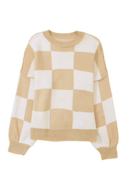 Green Checkered Bishop Sleeve Pullover Sweater