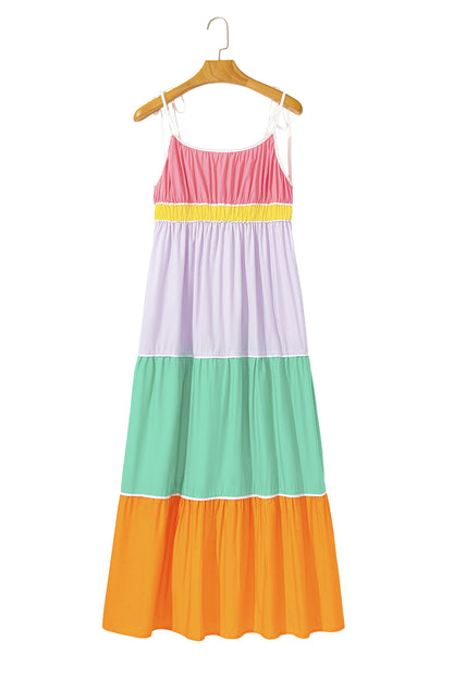 Multicolor Colorblock Self Tie Straps High Waist Flowy Maxi Dress with Pockets