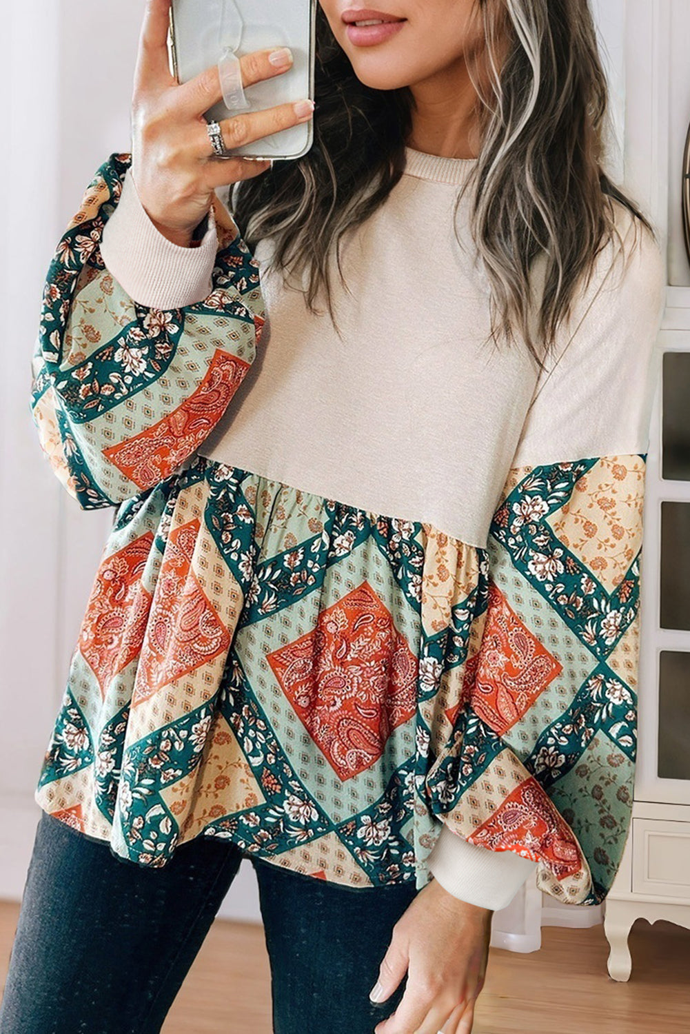 Jet Stream Paisley Geometric Patchwork Loose Fit Blouse