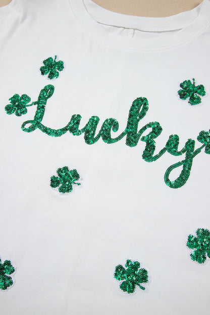 White St Patrick Lucky Clover Sequin Graphic T Shirt