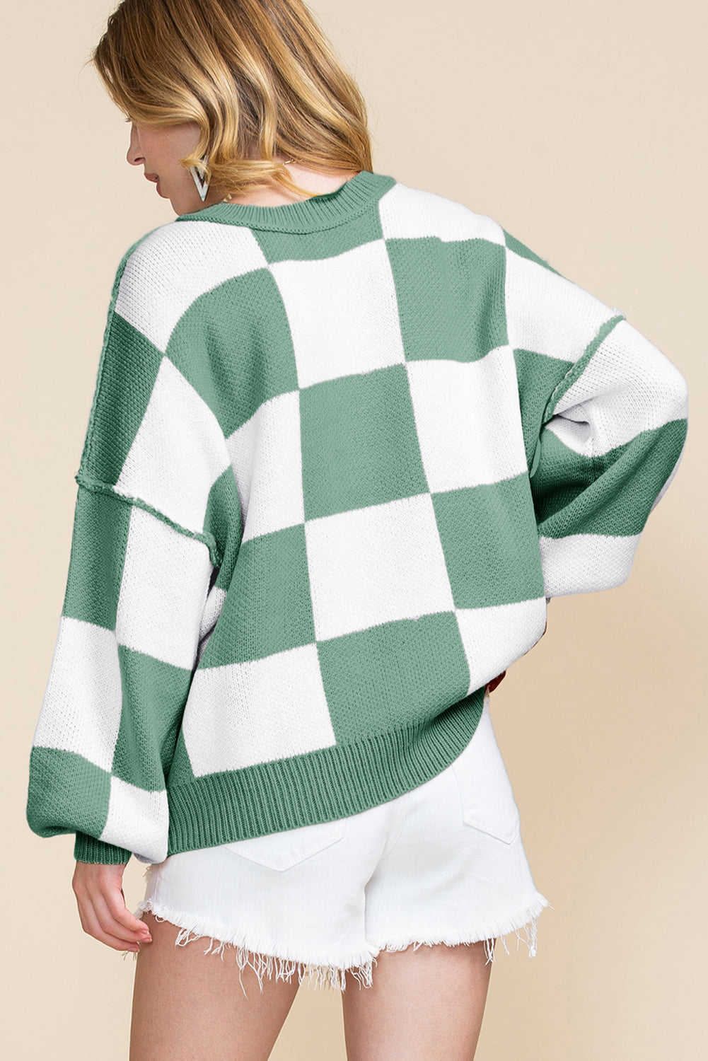 Green Checkered Bishop Sleeve Pullover Sweater