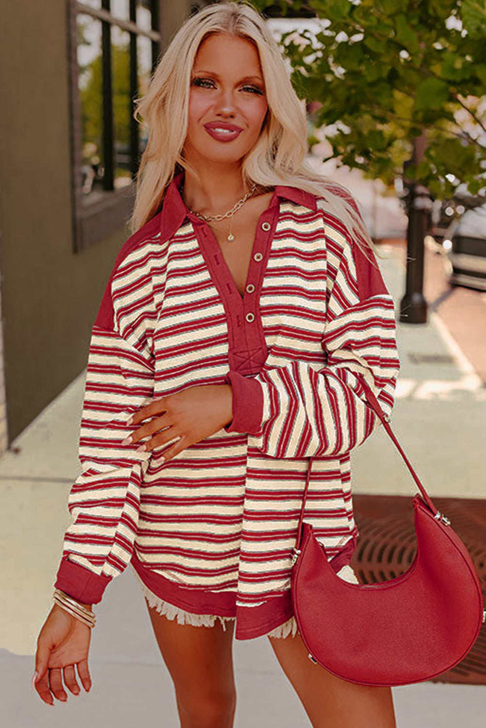 Red Stripe Collared V Neck Drop Shoulder Top