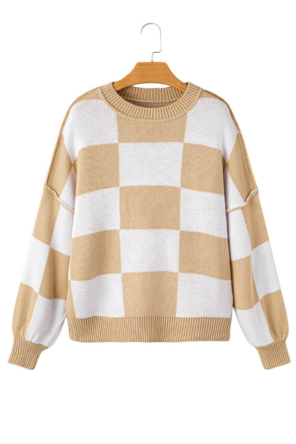 Green Checkered Bishop Sleeve Pullover Sweater