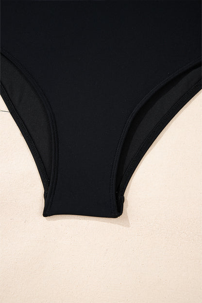 Black Contrast Edge Belted One Piece Swimsuit