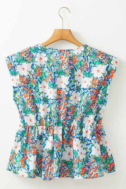 Dark Blue Floral Bow Front Sleeveless Peplum Shirt