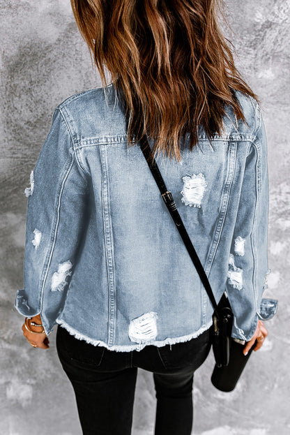 Light Blue Distressed Ripped Raw Hem Buttons Denim Jacket