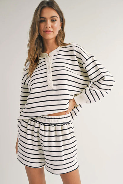 Black White Striped Henley Pullover and Shorts Set