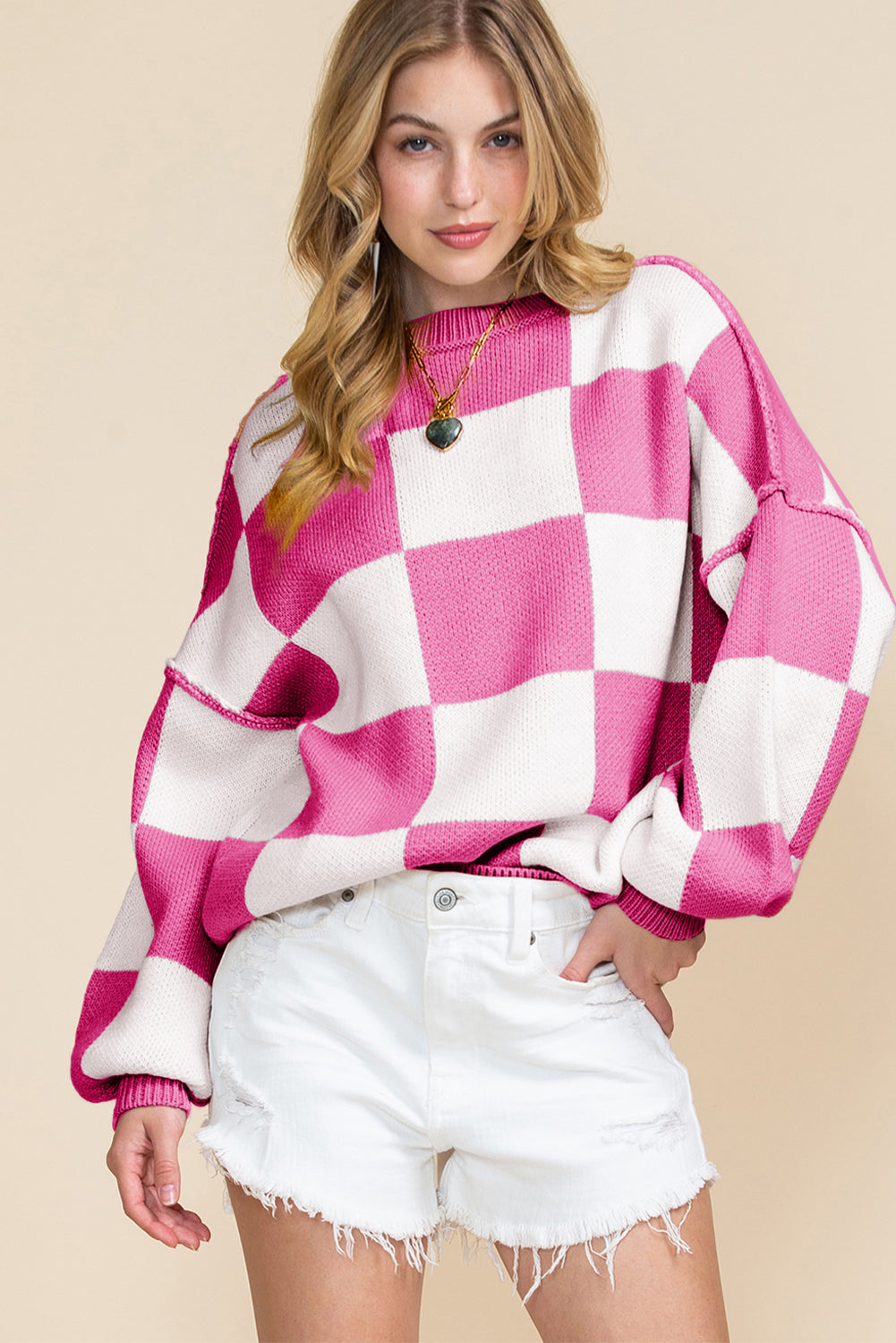 Green Checkered Bishop Sleeve Pullover Sweater