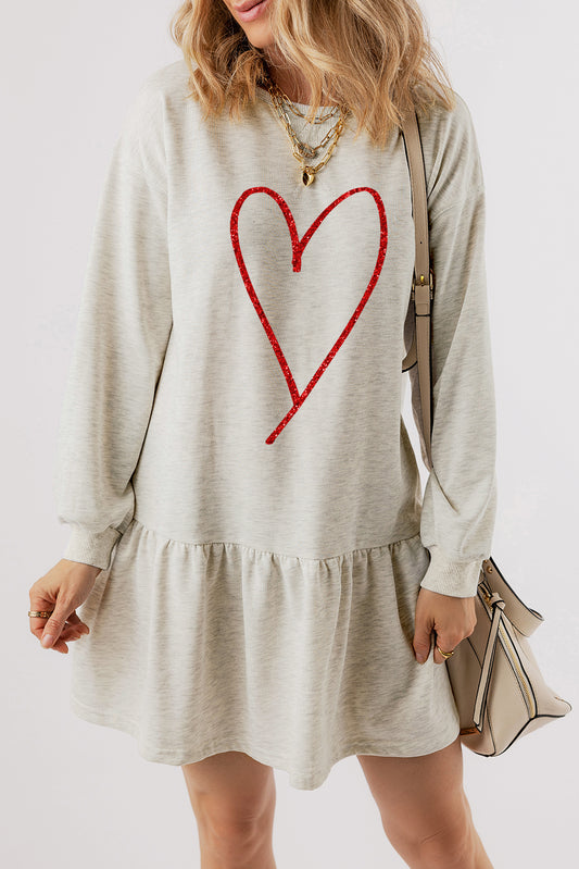 White Heart Graphic Long Sleeve Ruffle Hem Dress