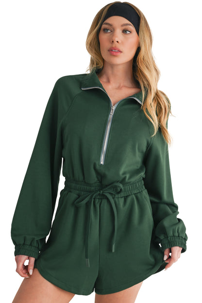 Blackish Green Solid Zip-up Drawstring Romper