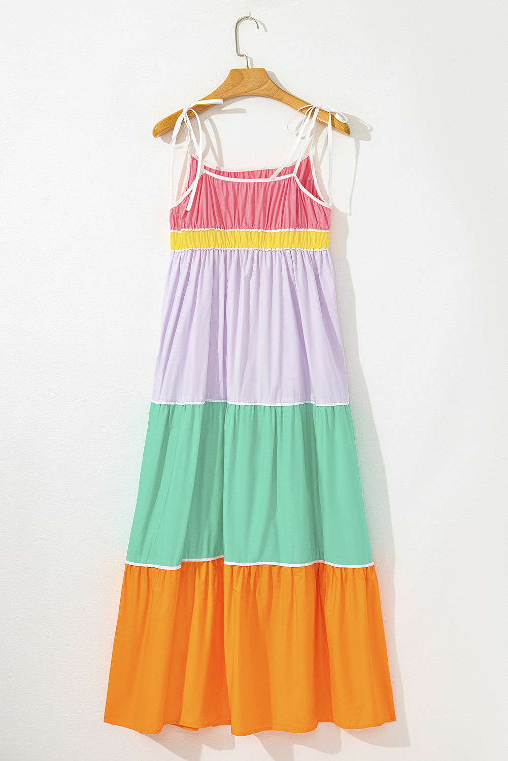 Multicolor Colorblock Self Tie Straps High Waist Flowy Maxi Dress with Pockets