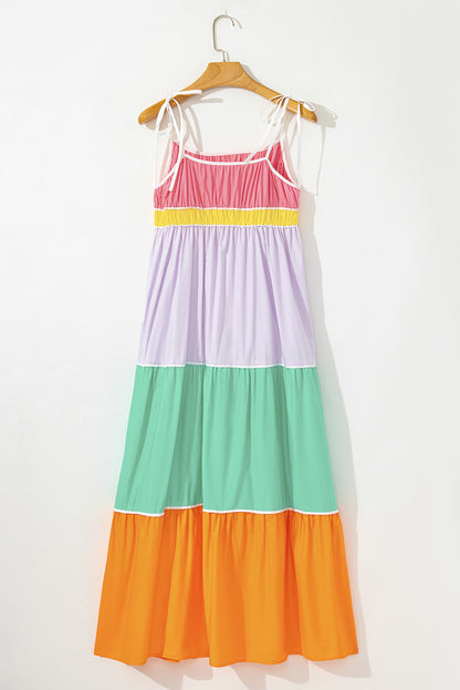 Multicolor Colorblock Self Tie Straps High Waist Flowy Maxi Dress with Pockets