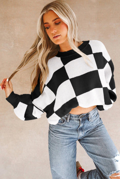 Green Checkered Bishop Sleeve Pullover Sweater