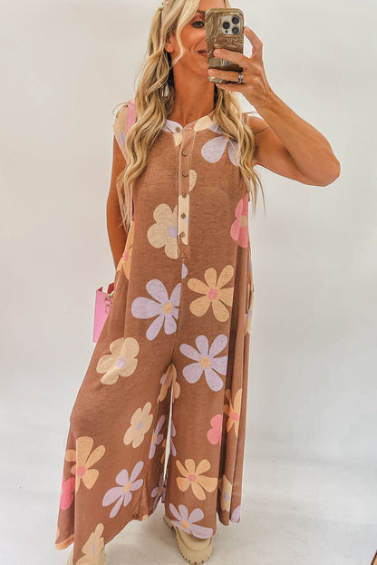 Khaki Floral Print Sleeveless Button up Wide Leg Loose Jumpsuit