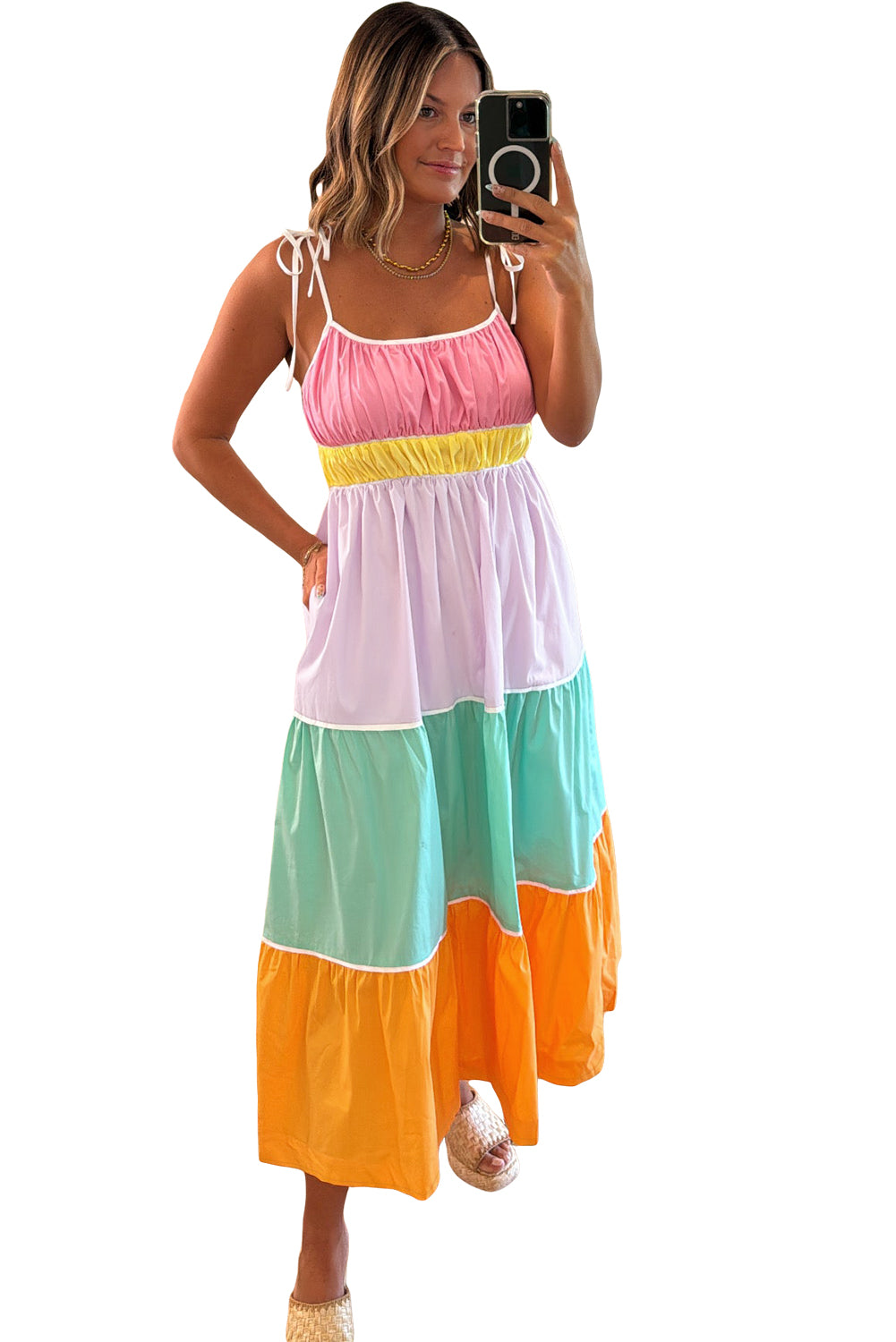 Multicolor Colorblock Self Tie Straps High Waist Flowy Maxi Dress with Pockets