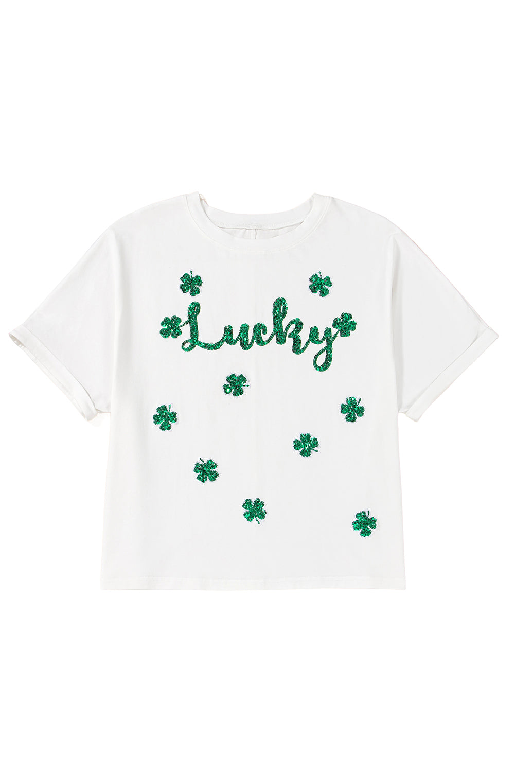 White St Patrick Lucky Clover Sequin Graphic T Shirt