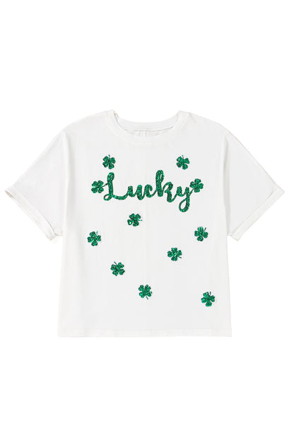 White St Patrick Lucky Clover Sequin Graphic T Shirt