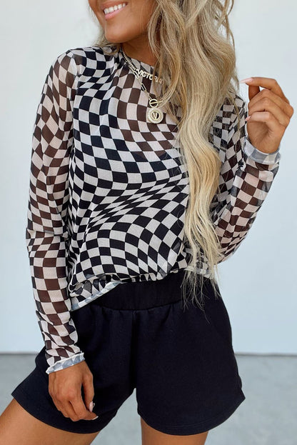 Black Checkered Pattern Mesh Long Sleeve Top