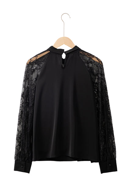 Black Keyhole Neckline Lace Splicing Raglan Sleeve Blouse