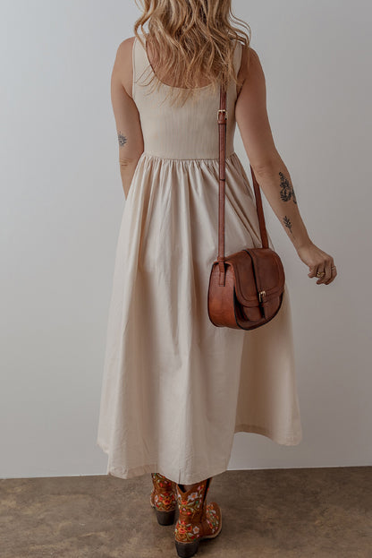 Beige Scoop Neck Ribbed Pleated Sleeveless Midi Dress