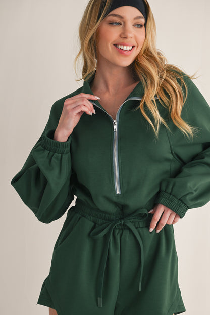 Blackish Green Solid Zip-up Drawstring Romper