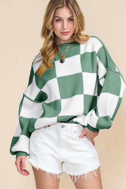 Green Checkered Bishop Sleeve Pullover Sweater