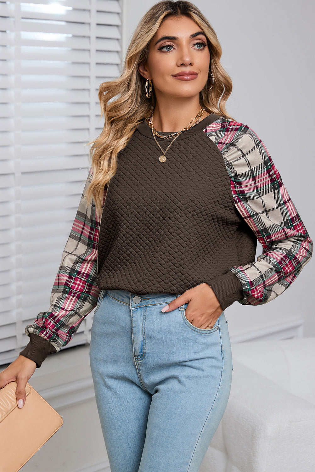 Apricot Plaid Print Quilted Raglan Sleeve Sweatshirt