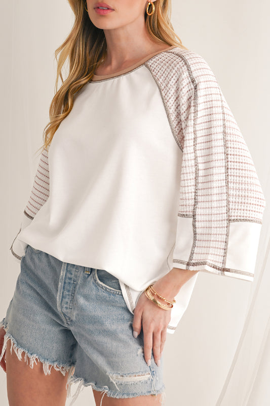 White Striped Raglan Sleeve Patchwork Top