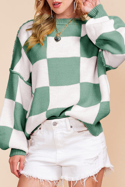 Green Checkered Bishop Sleeve Pullover Sweater