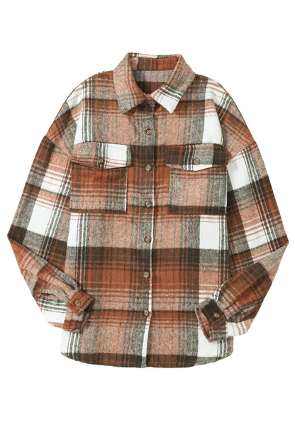 Gold Flame & Grey Plaid Button Up Collared Flannel Shacket