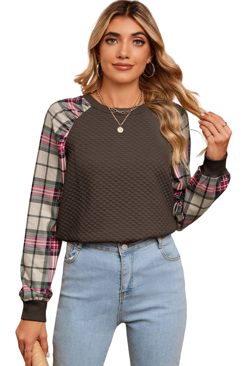 Apricot Plaid Print Quilted Raglan Sleeve Sweatshirt