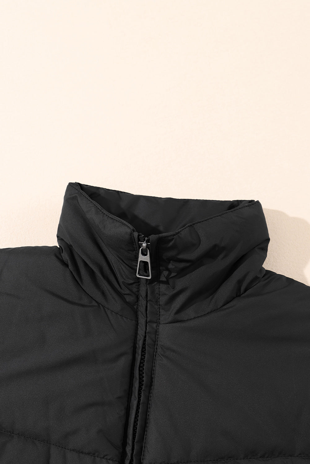 Black Solid Zip Up Pocketed Puffer Coat