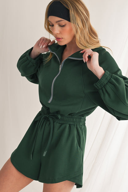 Blackish Green Solid Zip-up Drawstring Romper