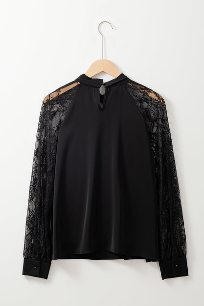 Black Keyhole Neckline Lace Splicing Raglan Sleeve Blouse