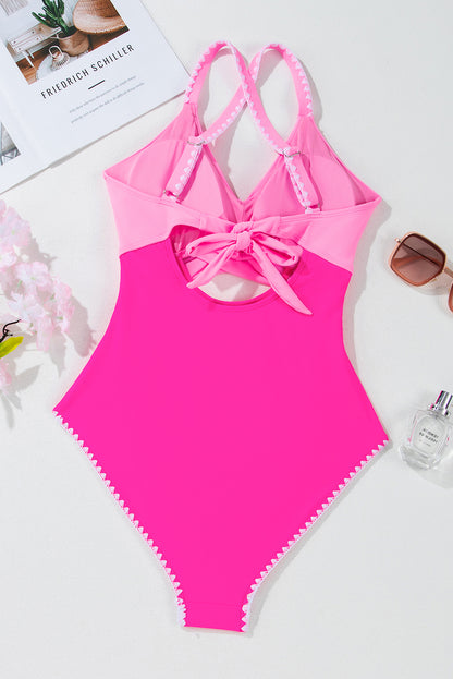 Rose Red Ric Rac Trim Colorblock Cutout One Piece Swimsuit