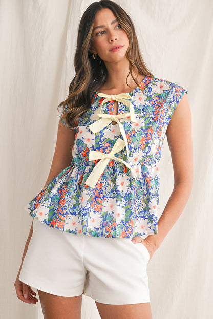 Dark Blue Floral Bow Front Sleeveless Peplum Shirt