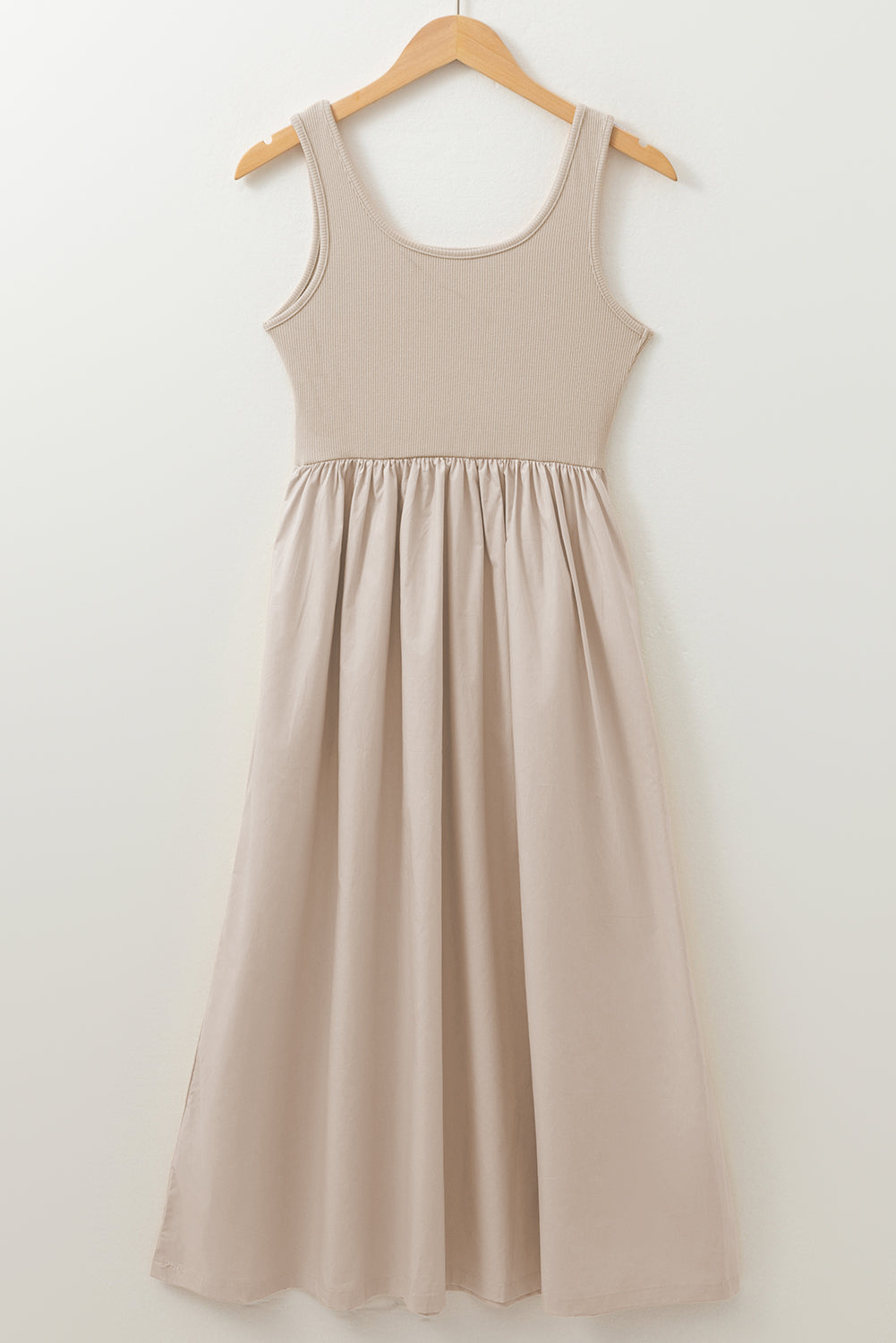 Beige Scoop Neck Ribbed Pleated Sleeveless Midi Dress