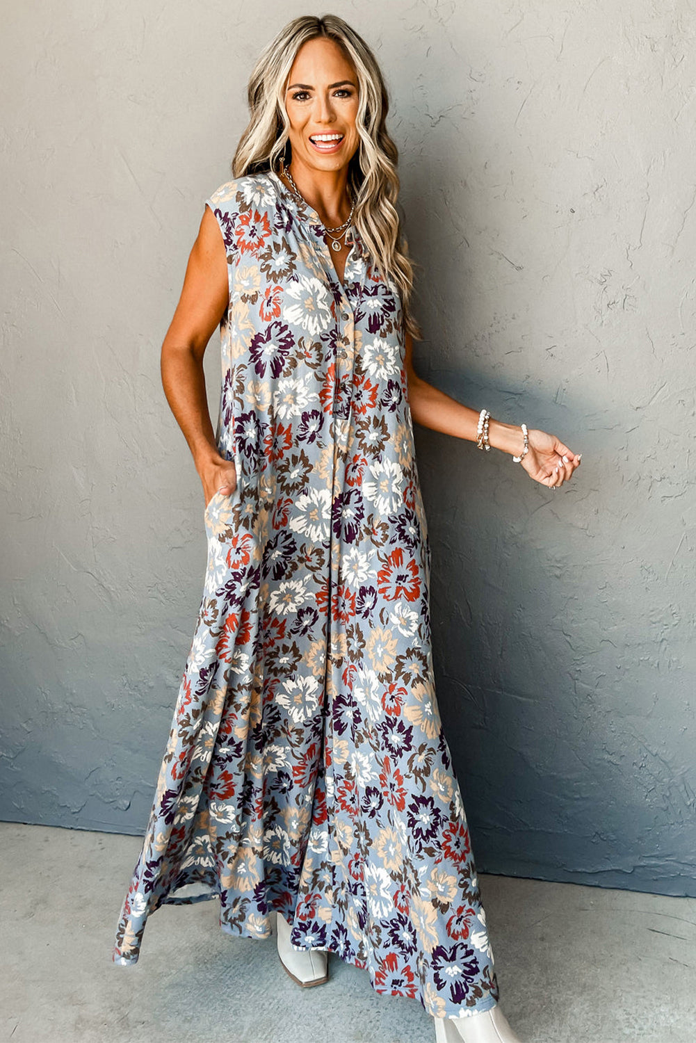 Sky Blue Floral Sleeveless Pocketed Wide Leg Jumpsuit