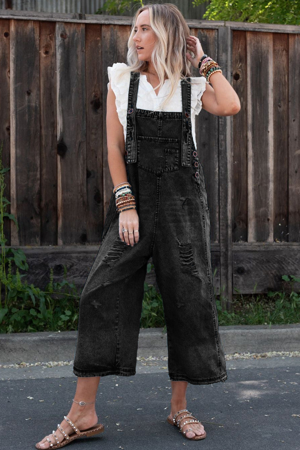 Stone Blue Distressed Bib Pocket Wide Leg Denim Overall