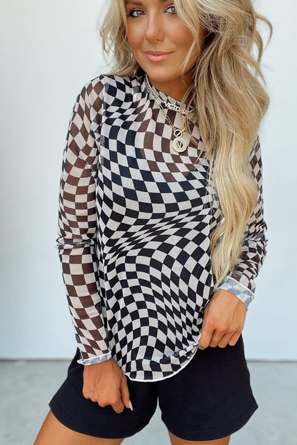 Black Checkered Pattern Mesh Long Sleeve Top