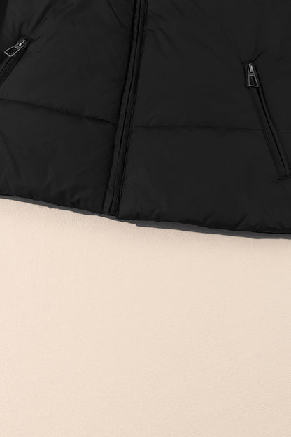 Black Solid Zip Up Pocketed Puffer Coat