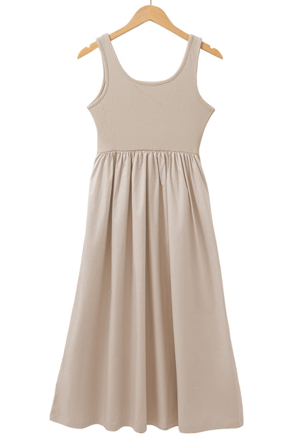 Beige Scoop Neck Ribbed Pleated Sleeveless Midi Dress