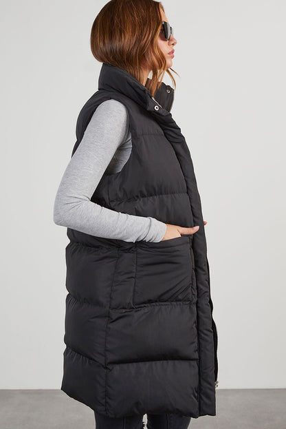 Black Solid Color Puffer Zip Up Pocketed Vest Coat